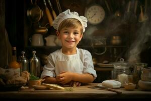 nyfiken laga mat barn pojke kök. generera ai foto
