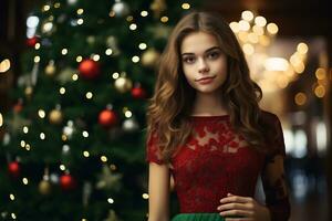 en ung flicka bär röd och grön klänning i främre av de dekorerad jul träd ai generativ foto