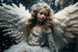 oskyldig ung flicka med lång blond hår med ängel vinge ai generativ foto