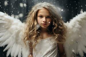 oskyldig ung flicka med lång blond hår med ängel vinge ai generativ foto