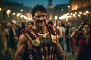 en gata artist klädd som en roman gladiator en Foto av en löpare tävlar genom en stad parkera ai generativ