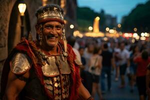 en gata artist klädd som en roman gladiator en Foto av en löpare tävlar genom en stad parkera ai generativ