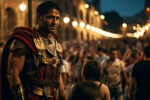 en gata artist klädd som en roman gladiator en Foto av en löpare tävlar genom en stad parkera ai generativ