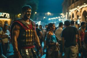 en gata artist klädd som en roman gladiator en Foto av en löpare tävlar genom en stad parkera ai generativ