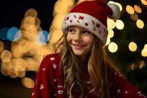 glad flicka njuter jul firande i vinter- klädsel ai generativ foto