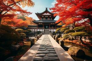 kyoto tempel Utsmyckad med vibrerande höst ai generativ foto