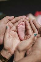 de små ben av en nyfödd bebis i de händer av hans mamma och pappa. de begrepp av moderskap och barndom foto