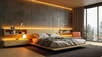 illustration för hus projekt, modern sovrum Plats, minimalistisk design. ai genererad foto