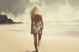 kvinna gående på de strand bak- se. fotorealistisk bild. ai genererad. foto