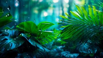 handflatan löv och monstera i de regn i djungel, tapet aning för interiör eller omslag. ai genererad foto