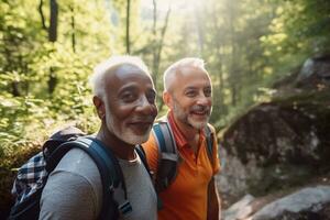 aktiva pensionerad interracial Gay par vandring, sommar solsken utomhus. generativ ai foto