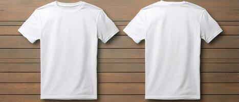 vit manlig t-shirt attrapp främre och tillbaka se på trä- bakgrund ai generativ foto