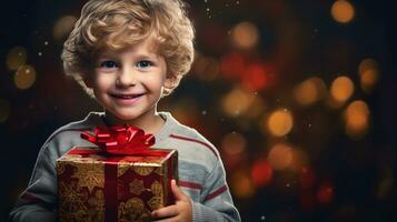 en liten pojke innehar en gåva låda med en jul eller ny år gåva. ai genererad. foto