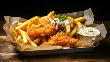 brittiskt traditionell mat fisk och pommes frites på en trä- yta. foto