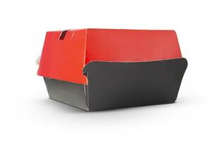 tom stängd röd och svart hantverk burger låda isolerat på vit bakgrund foto