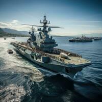 militär liner på hav med helikoptrar och krigsfartyg foto