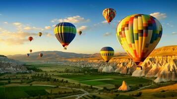 varm luft ballonger flyga över cappadocia - de bra turist attraktion i Kalkon ai generativ foto
