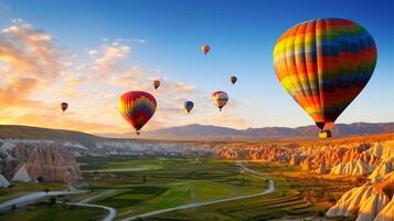 varm luft ballonger flyga över cappadocia - de bra turist attraktion i Kalkon ai generativ foto