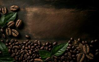 detta är ett bild av doftande kaffe bönor på en rustik bordsskiva bakgrund. där är riklig kopia Plats tillgängliga för en baner. ai generativ foto