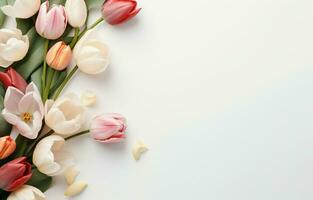 kopia Plats på en blommig vit bakgrund. tulpaner, rosor, eukalyptus, och eukalyptus. vår blommar. ai generativ foto