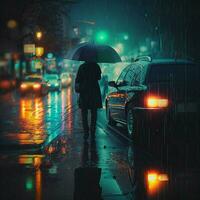 pe gående man Prain, fantastiskt, färg paraply bil kväll mörk cityscarking laser ljus suddig. ai generativ foto