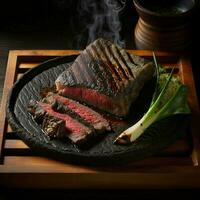 njut av de ljuvlig smak av kolgrillade kobe wagyu nötkött, skivad och eras som Yakiniku, en gourmet japansk stil utegrill maträtt. ai generativ foto