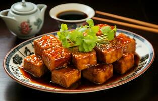 friterad illaluktande tofu eras med inlagd grönsaker och sås. över en maträtt, eras på plast. ai generativ foto