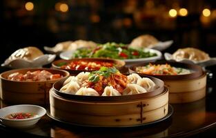 äter ångande dämpa belopp medan njuter en räckvidd av klassisk kinesisk kök. ai generativ foto