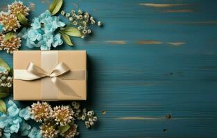 topp se av en kartong gåva låda med blommor och en hälsning kort med de inskrift på en trä- tabell. rosa blommor och en närvarande på en lyx Färg bakgrund. kopia Plats. ai generativ foto