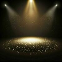gyllene spotlights belysa en mörk skede golv, perfekt för en bakgrund eller mock-up för en stjärna artist på en gala eller nattklubb. ai generativ foto