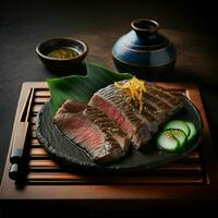 njut av de ljuvlig smak av kolgrillade kobe wagyu nötkött, skivad och eras som Yakiniku, en gourmet japansk stil utegrill maträtt. ai generativ foto