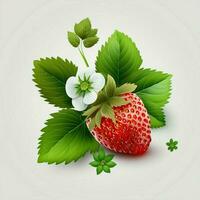 jordgubb med löv vit bakgrund frukt friska färsk grön löv röd. ai generativ foto