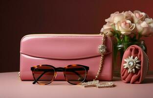 womanish handväska i fortfarande liv för kosmetika, Tillbehör, mobil telefon, broscher, klockor, dofter, och solglasögon. ai generativ foto