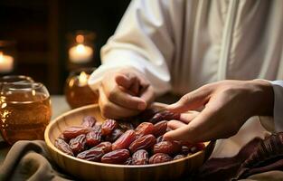 en mitten östra man är bön- under ramadan. han äter datum och drycker vatten. ai generativ foto