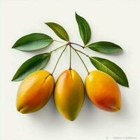mango med löv vit bakgrund frukt friska färsk grön löv gul. ai generativ foto