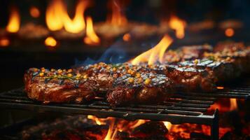 grillad nötkött biffar med örter och kryddor på en utegrill grill. ai genererad. foto