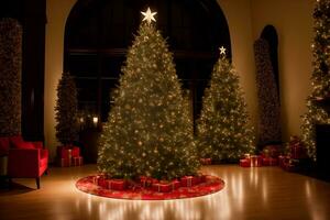 filmiska jul träd roterande står med elegant design. ai genererad. foto