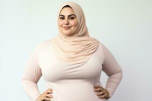 ai genererad studio porträtt av skön fett överviktiga kvinna på annorlunda Färg bakgrund foto