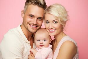 ai genererad studio porträtt av skön föräldrar med spädbarn bebis innehav på händer på annorlunda färger bakgrund foto