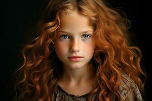ai genererad studio porträtt av cutle liten lockigt ingefära flicka på annorlunda färger bakgrund foto