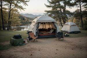 fattande natur en mysigt camping äventyr i höst s omfamning. ai genererad. foto