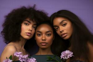 ai genererad studio porträtt av tre få skön ung kvinna stående tillsammans i kram på annorlunda Färg bakgrund foto