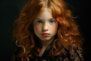 ai genererad studio porträtt av cutle liten lockigt ingefära flicka på annorlunda färger bakgrund foto