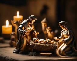 gudomlig lugn invecklad nativity uppsättning. ai genererad. foto
