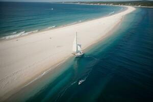 lugn segling antenn se av en segelbåt på de blå strand vattnen. ai genererad. foto