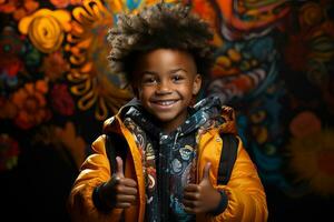 ai genererad studio porträtt av söt liten afrikansk pojke på annorlunda Färg bakgrunder foto