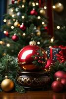 dekorerad jul träd med boll, klocka och många Mer. ai generativ foto