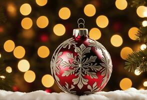 jul firande med dekorerad boll, klocka, och träd. ai generativ foto