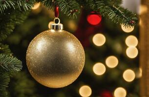jul firande med dekorerad boll, klocka, och träd. ai generativ foto
