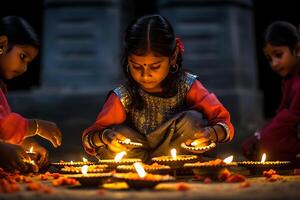 indisk diwali fira med diya belysning. familj, tjejer, barn Allt Lycklig ögonblick. ai generativ foto